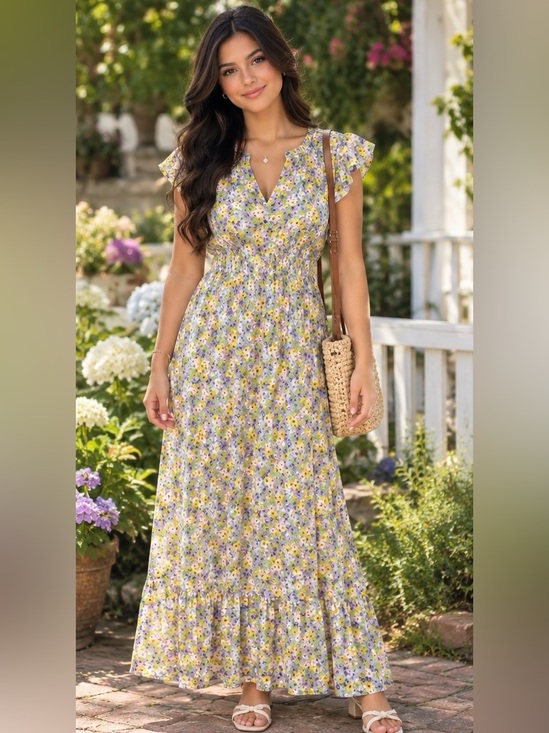 Emma & Michele Dresses & Skirts - Emma & Michele Yellow and Lavender Floral Dress with Ruffle Neckline